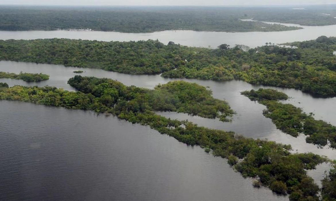 Vista aérea de local na Amazônia. Área com floresta permeada por rio