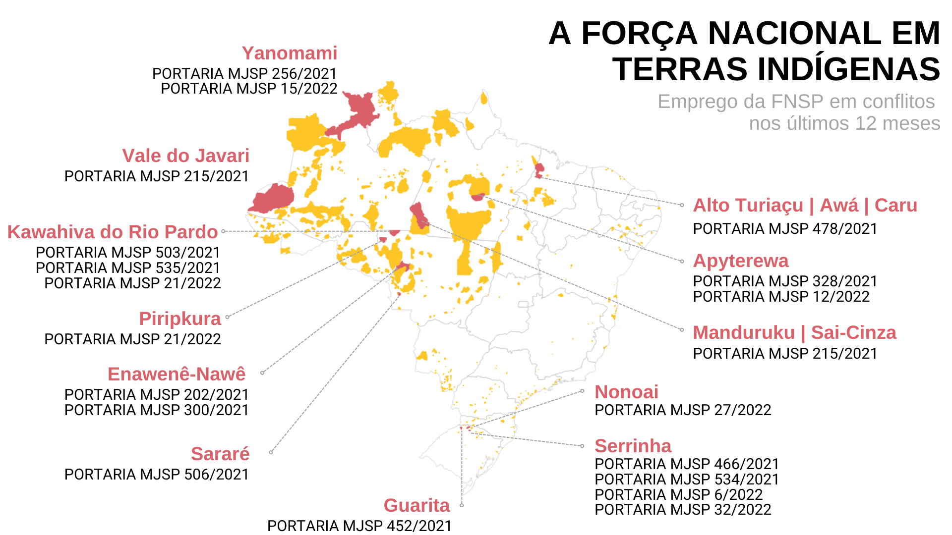 Mapa mostra as terras indígenas para as quais houve emprego da Força Nacional de Segurança Pública 